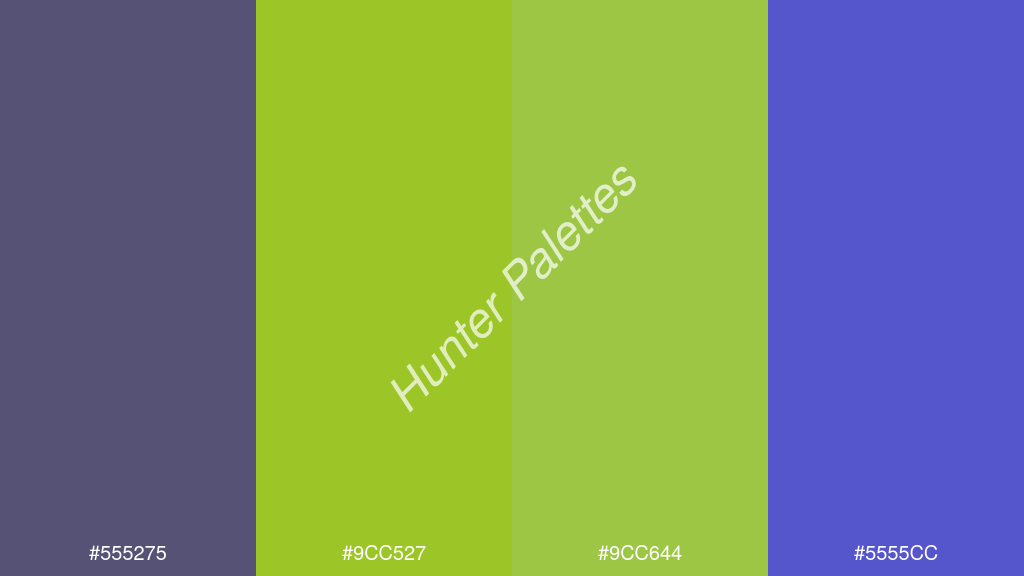 limezöld szín palettája a következőkkel: #555275 #9cc527 #9cc644 #5555cc