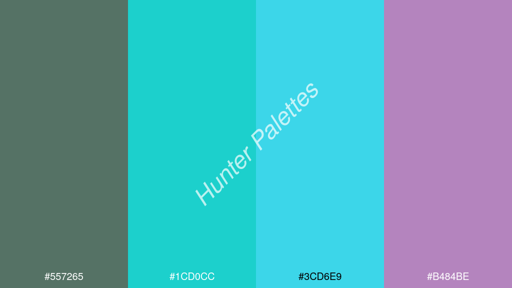 cián szín palettája a következőkkel: #557265 #1cd0cc #3cd6e9 #b484be