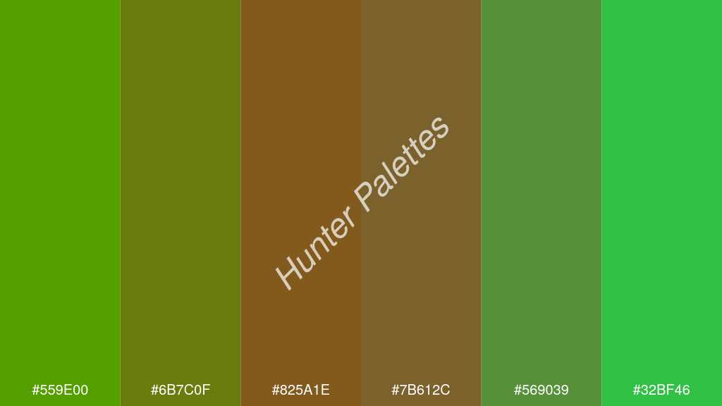 barna szín palettája a következőkkel: #559e00 #6b7c0f #825a1e #7b612c #569039 #32bf46
