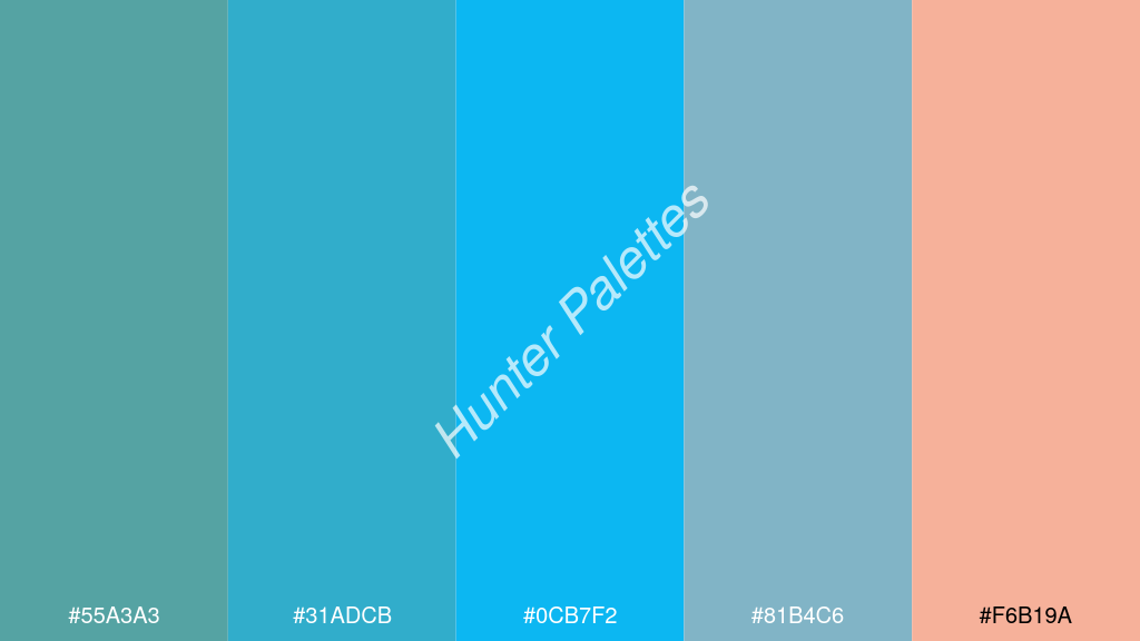 égszínkék szín palettája a következőkkel: #55a3a3 #31adcb #0cb7f2 #81b4c6 #f6b19a