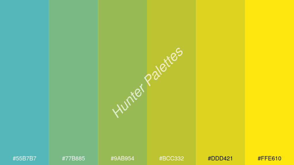 kivi szín palettája a következőkkel: #55b7b7 #77b885 #9ab954 #bcc332 #ddd421 #ffe610