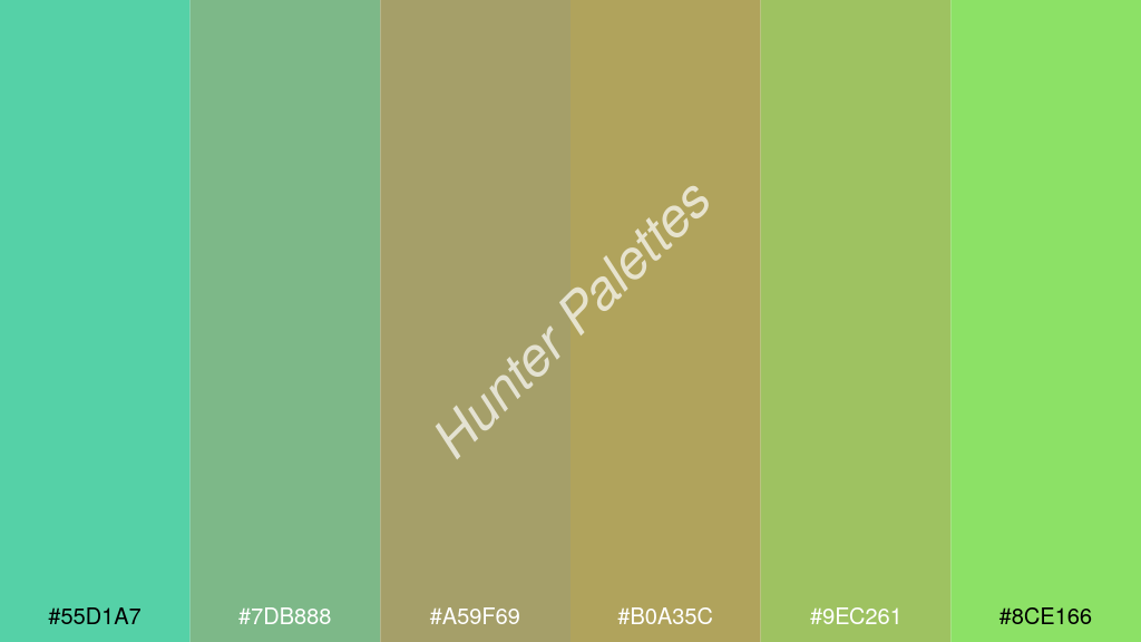 okker szín palettája a következőkkel: #55d1a7 #7db888 #a59f69 #b0a35c #9ec261 #8ce166