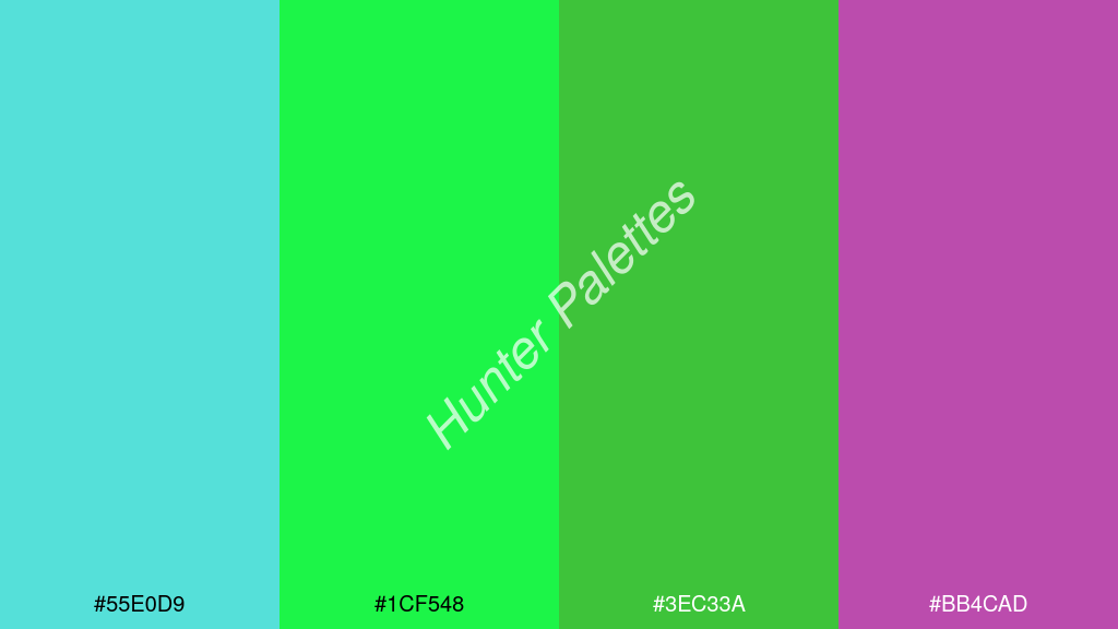 zöld szín palettája a következőkkel: #55e0d9 #1cf548 #3ec33a #bb4cad