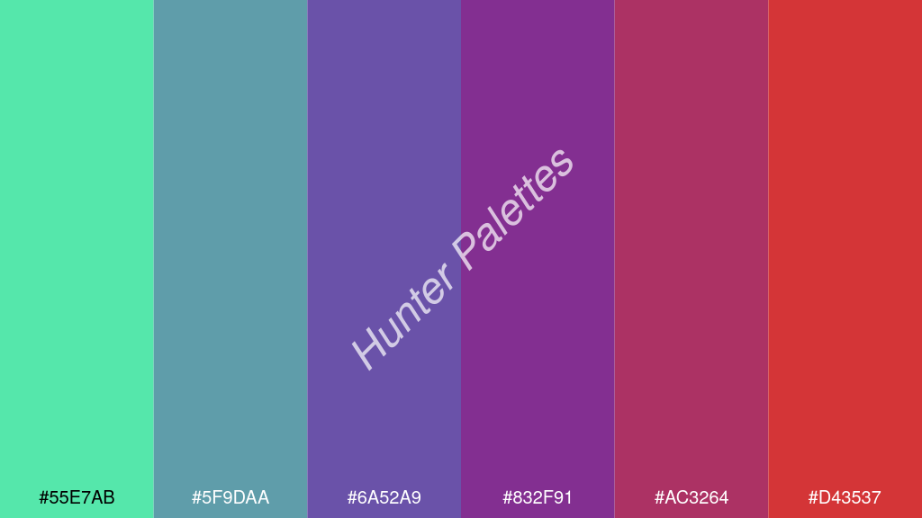 szőlő szín palettája a következőkkel: #55e7ab #5f9daa #6a52a9 #832f91 #ac3264 #d43537