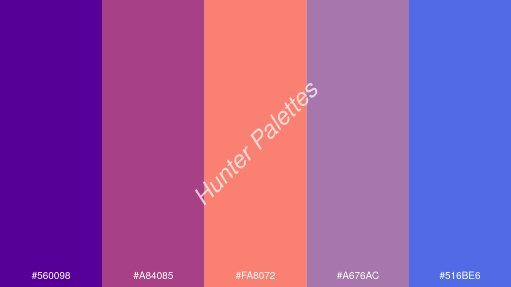 lazac szín palettája a következőkkel: #560098 #a84085 #fa8072 #a676ac #516be6