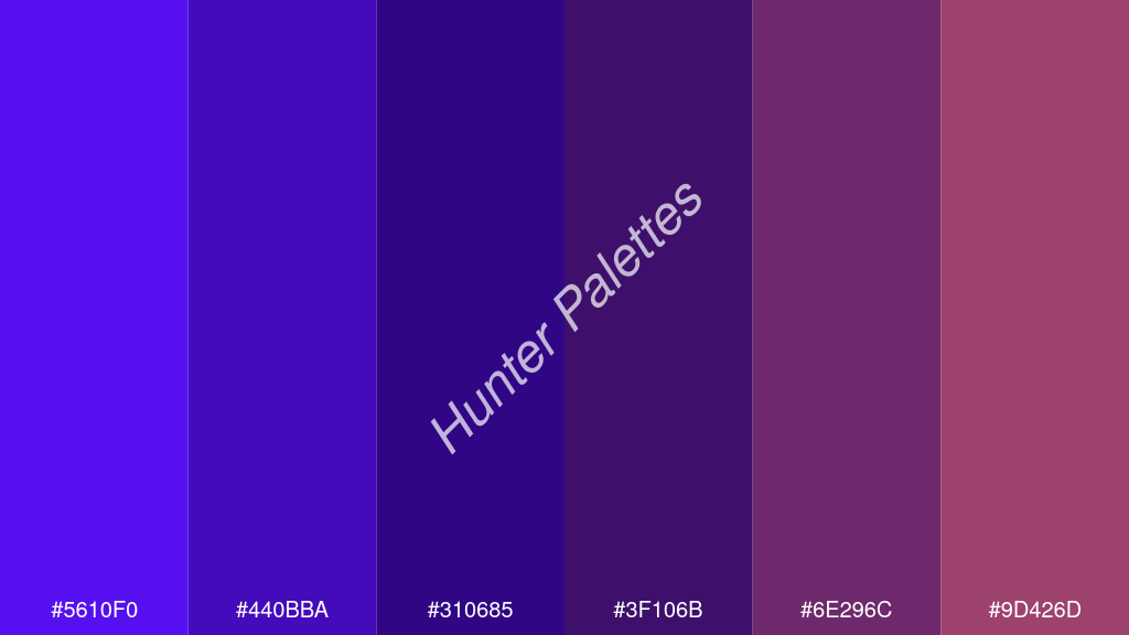 Francia kék szín palettája a következőkkel: #5610f0 #440bba #310685 #3f106b #6e296c #9d426d