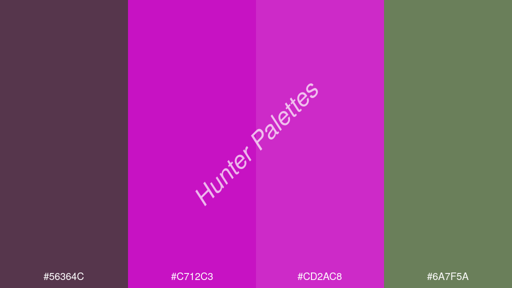 magenta szín palettája a következőkkel: #56364c #c712c3 #cd2ac8 #6a7f5a