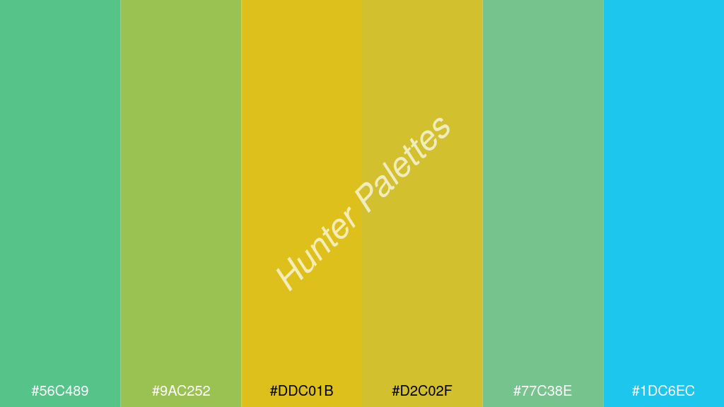 borostyán szín palettája a következőkkel: #56c489 #9ac252 #ddc01b #d2c02f #77c38e #1dc6ec