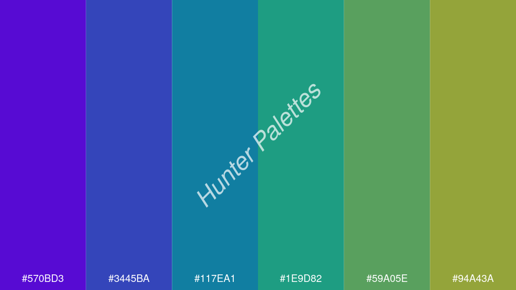 kékzöld szín palettája a következőkkel: #570bd3 #3445ba #117ea1 #1e9d82 #59a05e #94a43a