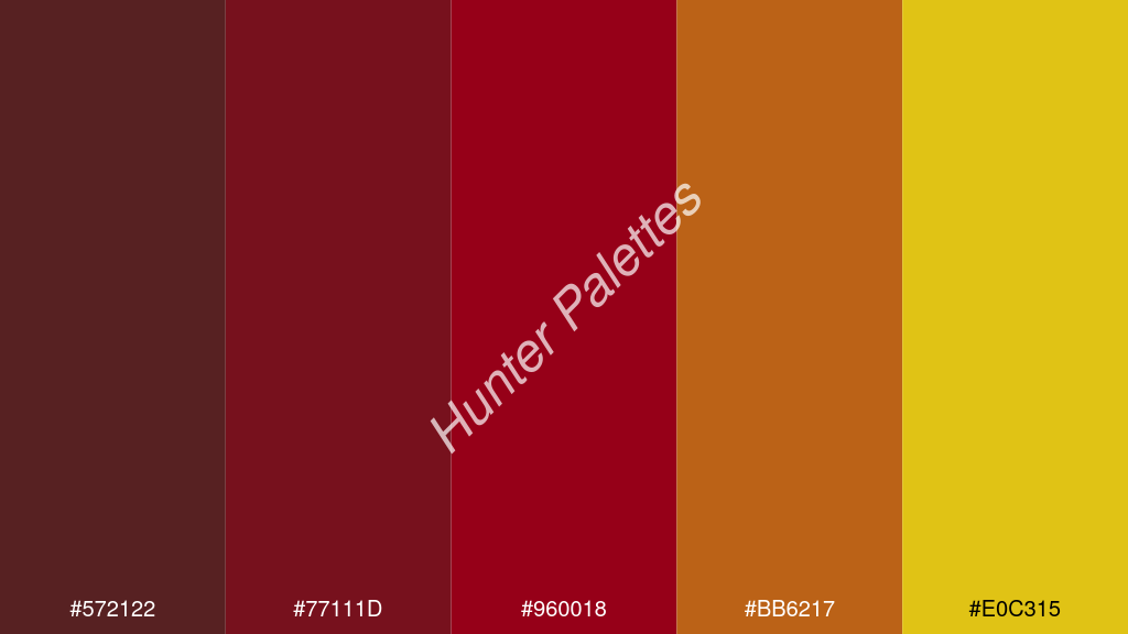 karmazsin szín palettája a következőkkel: #572122 #77111d #960018 #bb6217 #e0c315