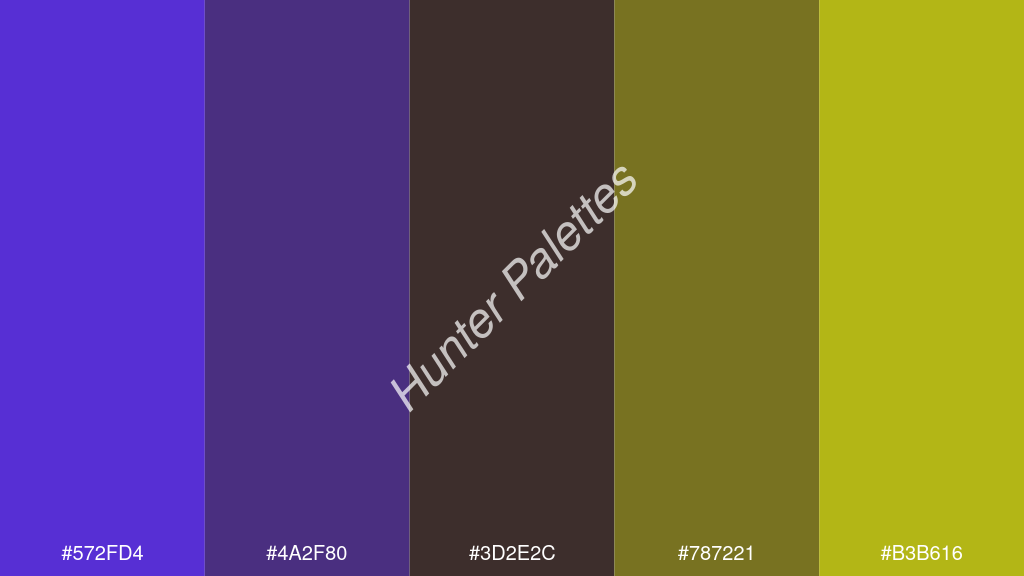 wenge szín palettája a következőkkel: #572fd4 #4a2f80 #3d2e2c #787221 #b3b616