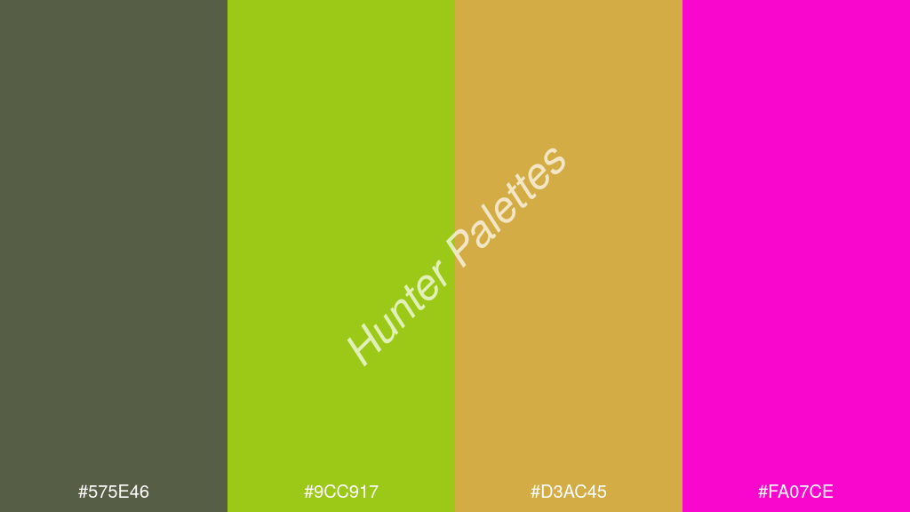 limezöld szín palettája a következőkkel: #575e46 #9cc917 #d3ac45 #fa07ce