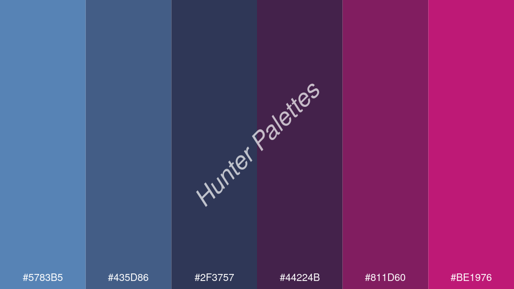 tengerészkék szín palettája a következőkkel: #5783b5 #435d86 #2f3757 #44224b #811d60 #be1976