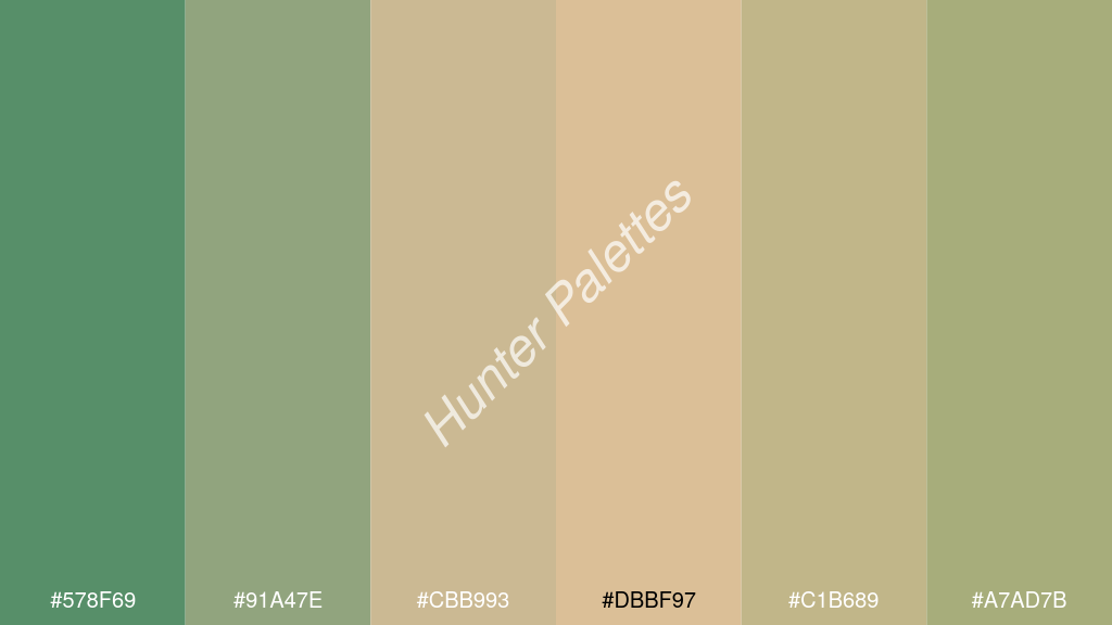 bézs szín palettája a következőkkel: #578f69 #91a47e #cbb993 #dbbf97 #c1b689 #a7ad7b
