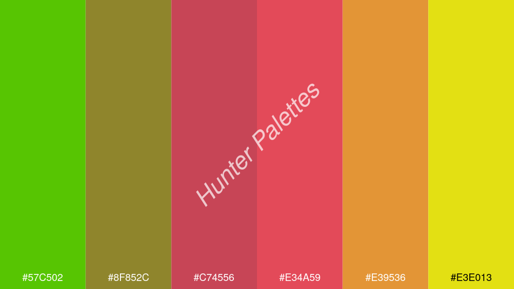 razzmatazz szín palettája a következőkkel: #57c502 #8f852c #c74556 #e34a59 #e39536 #e3e013