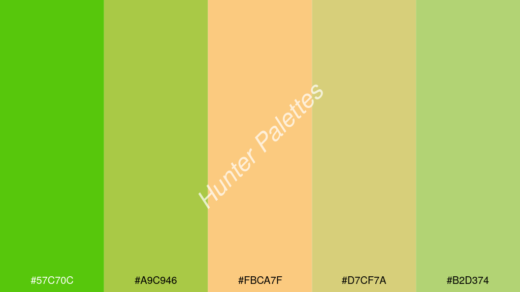 dinnye szín palettája a következőkkel: #57c70c #a9c946 #fbca7f #d7cf7a #b2d374