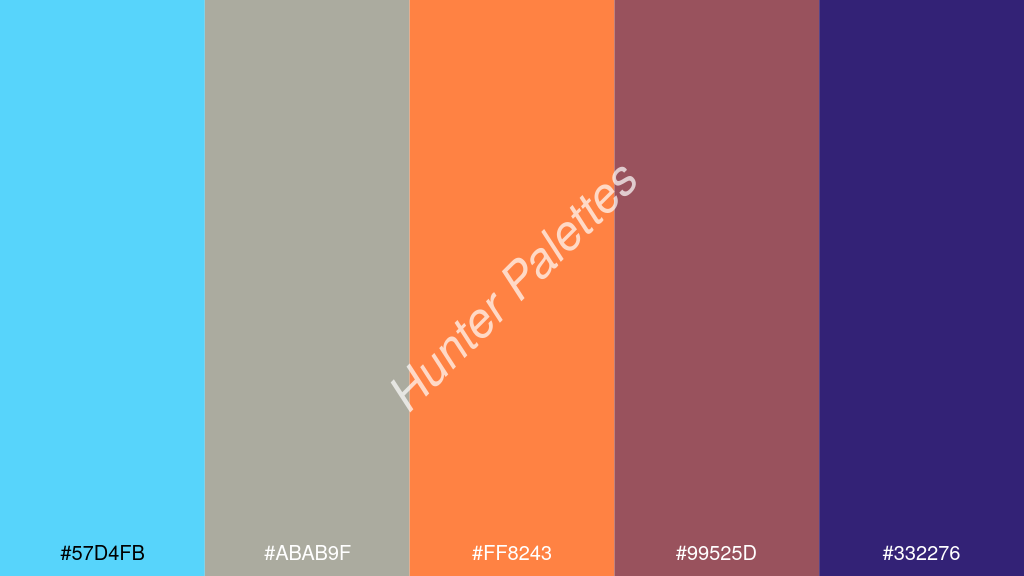 mangó szín palettája a következőkkel: #57d4fb #abab9f #ff8243 #99525d #332276