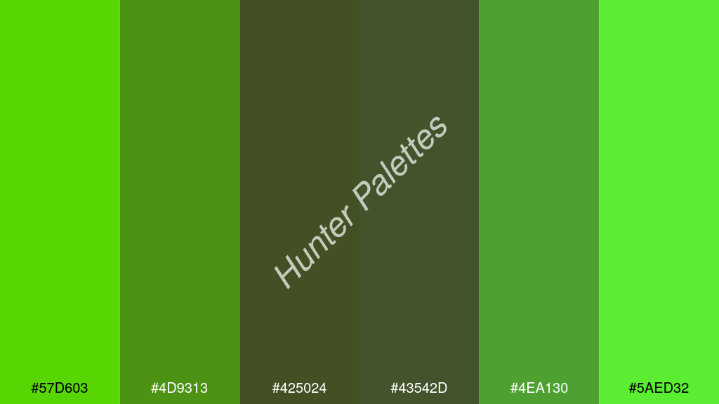 wenge szín palettája a következőkkel: #57d603 #4d9313 #425024 #43542d #4ea130 #5aed32