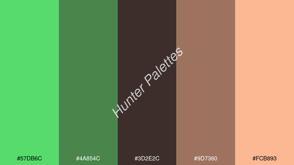 wenge szín palettája a következőkkel: #57db6c #4a854c #3d2e2c #9d7360 #fcb893