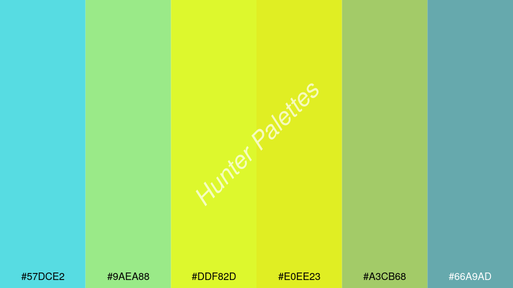 sárga szín palettája a következőkkel: #57dce2 #9aea88 #ddf82d #e0ee23 #a3cb68 #66a9ad