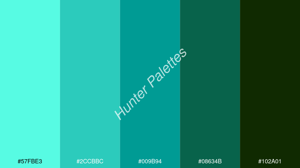 kékzöld szín palettája a következőkkel: #57fbe3 #2ccbbc #009b94 #08634b #102a01