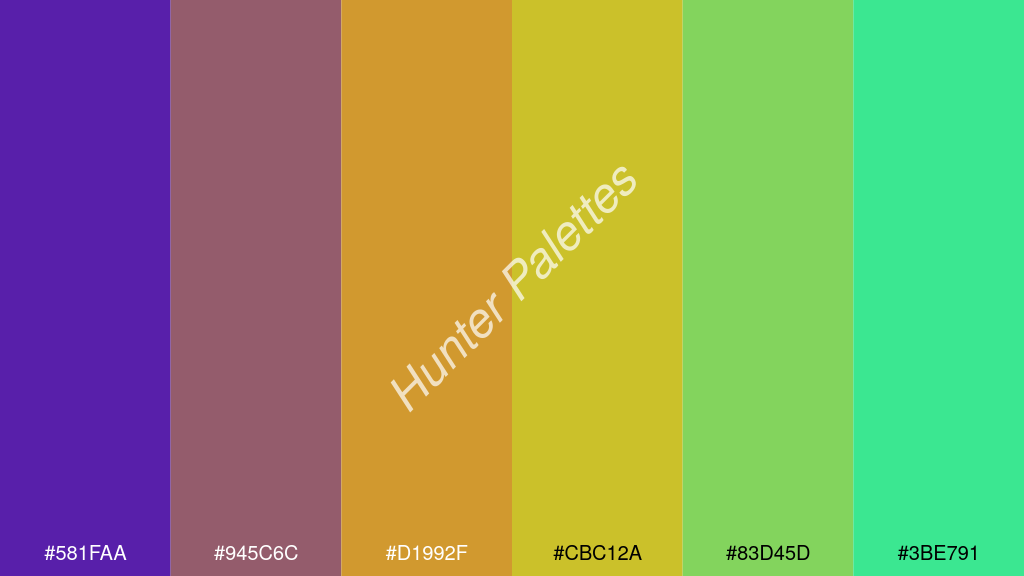 arany szín palettája a következőkkel: #581faa #945c6c #d1992f #cbc12a #83d45d #3be791