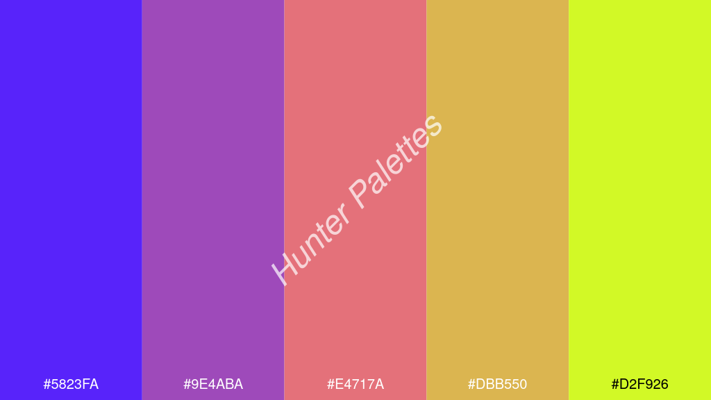 korall szín palettája a következőkkel: #5823fa #9e4aba #e4717a #dbb550 #d2f926