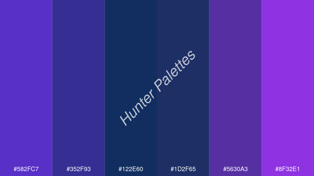 pávakék szín palettája a következőkkel: #582fc7 #352f93 #122e60 #1d2f65 #5630a3 #8f32e1