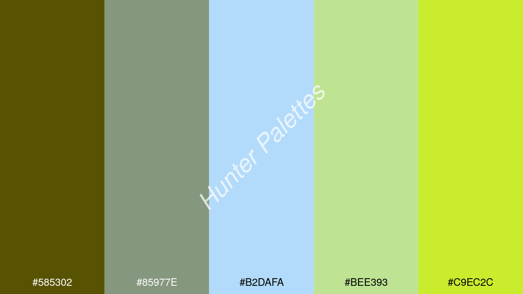 pasztellkék szín palettája a következőkkel: #585302 #85977e #b2dafa #bee393 #c9ec2c