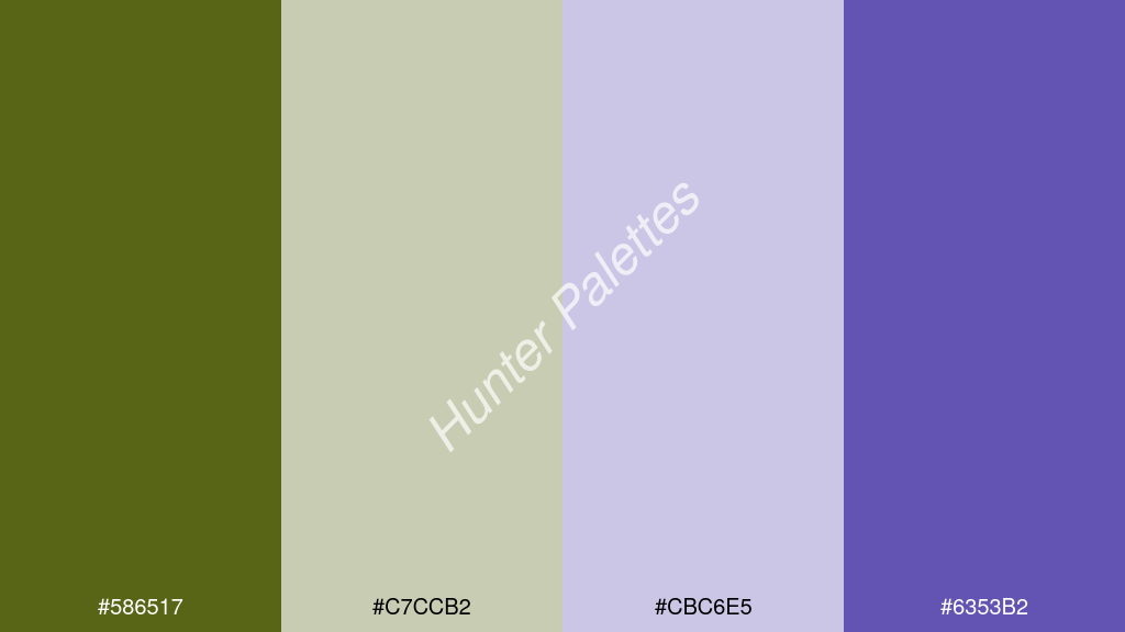 fehér szín palettája a következőkkel: #586517 #c7ccb2 #cbc6e5 #6353b2