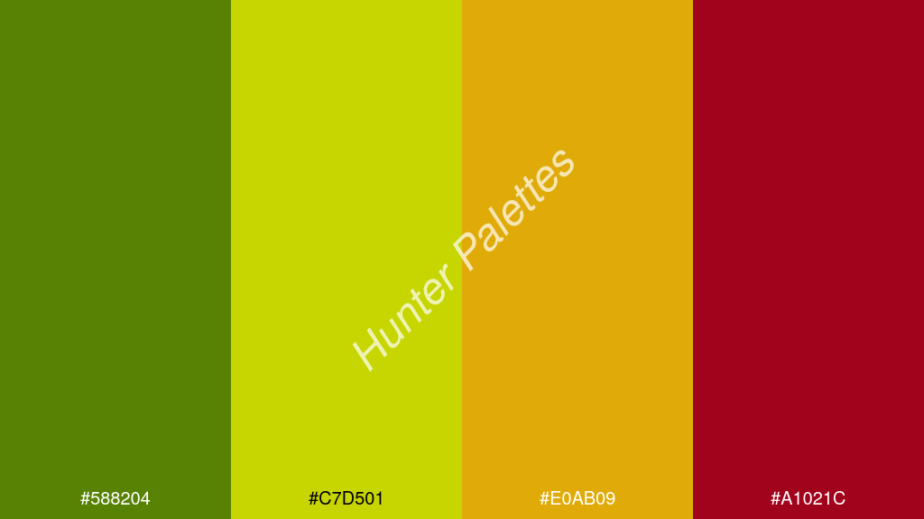 sárga szín palettája a következőkkel: #588204 #c7d501 #e0ab09 #a1021c