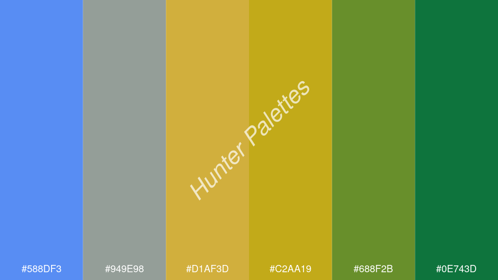 arany szín palettája a következőkkel: #588df3 #949e98 #d1af3d #c2aa19 #688f2b #0e743d