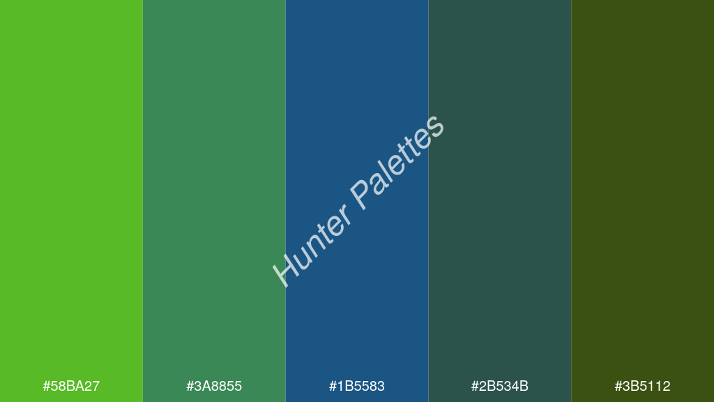 Capri kék szín palettája a következőkkel: #58ba27 #3a8855 #1b5583 #2b534b #3b5112