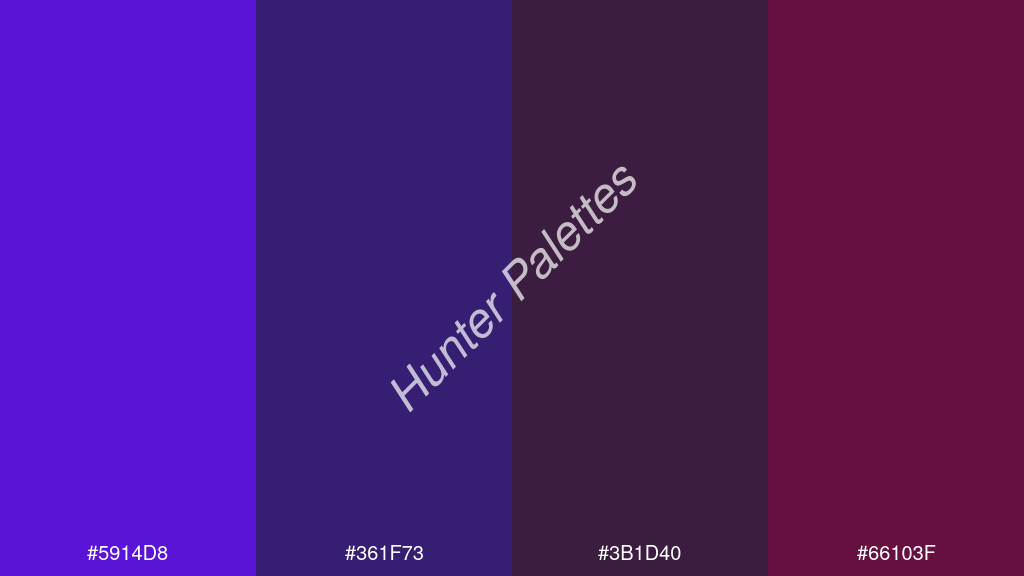 tengerészkék szín palettája a következőkkel: #5914d8 #361f73 #3b1d40 #66103f