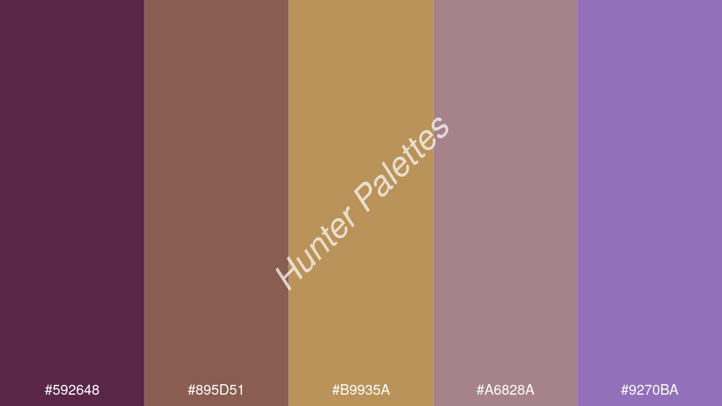 okker szín palettája a következőkkel: #592648 #895d51 #b9935a #a6828a #9270ba