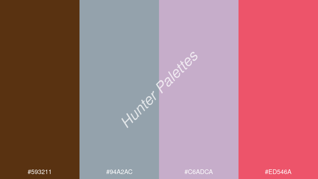pasztellkék szín palettája a következőkkel: #593211 #94a2ac #c6adca #ed546a