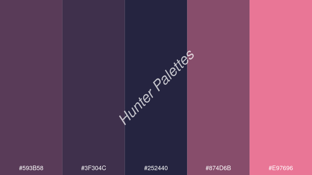 tengerészkék szín palettája a következőkkel: #593b58 #3f304c #252440 #874d6b #e97696