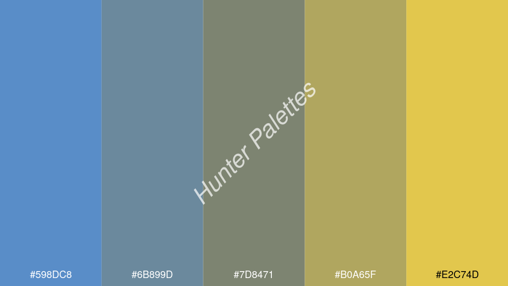 cement szürke szín palettája a következőkkel: #598dc8 #6b899d #7d8471 #b0a65f #e2c74d