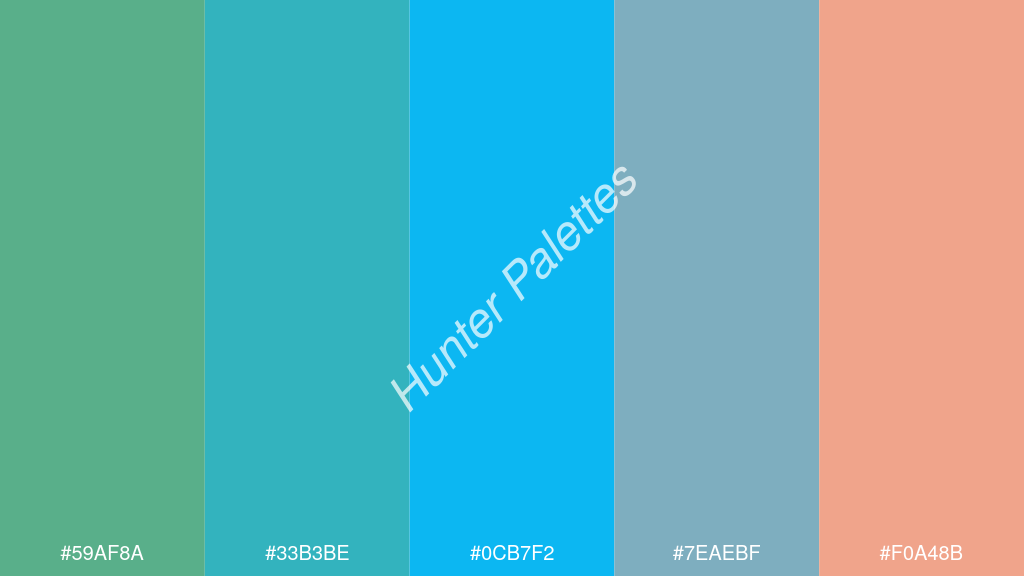 égszínkék szín palettája a következőkkel: #59af8a #33b3be #0cb7f2 #7eaebf #f0a48b