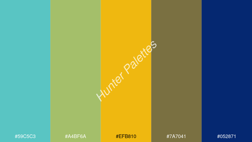 arany szín palettája a következőkkel: #59c5c3 #a4bf6a #efb810 #7a7041 #052871