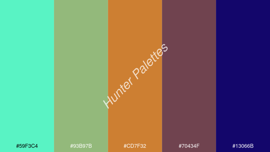 bronz szín palettája a következőkkel: #59f3c4 #93b97b #cd7f32 #70434f #13066b