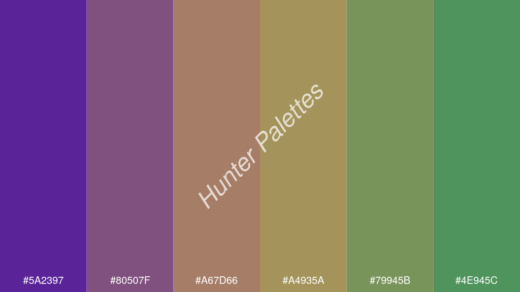 okker szín palettája a következőkkel: #5a2397 #80507f #a67d66 #a4935a #79945b #4e945c
