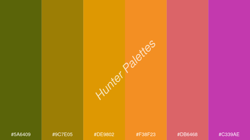 narancssárga szín palettája a következőkkel: #5a6409 #9c7e05 #de9802 #f38f23 #db6468 #c339ae