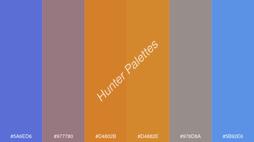 mandarin szín palettája a következőkkel: #5a6ed6 #977780 #d4802b #d4882e #978d8a #5b92e6