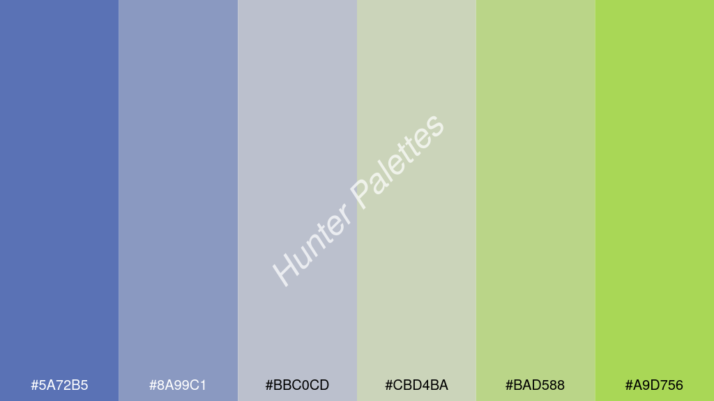 világos szürke szín palettája a következőkkel: #5a72b5 #8a99c1 #bbc0cd #cbd4ba #bad588 #a9d756