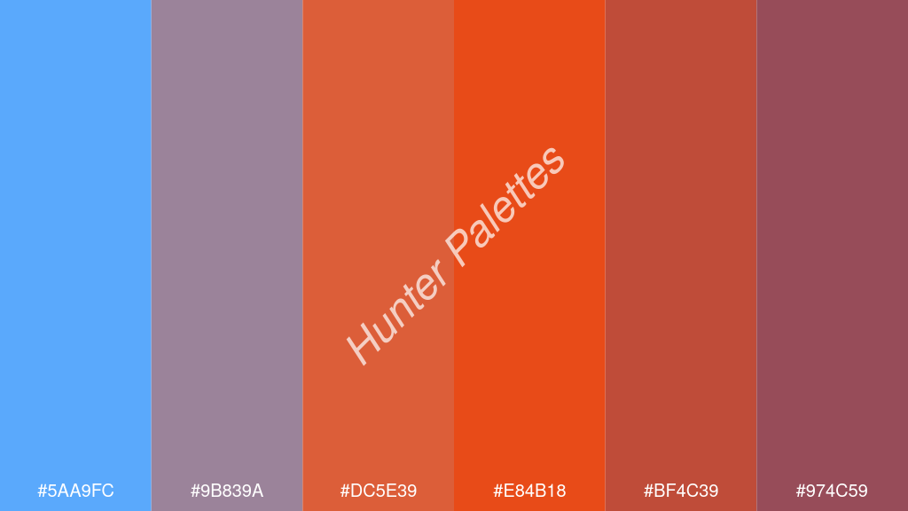 fluoreszkáló narancs szín palettája a következőkkel: #5aa9fc #9b839a #dc5e39 #e84b18 #bf4c39 #974c59