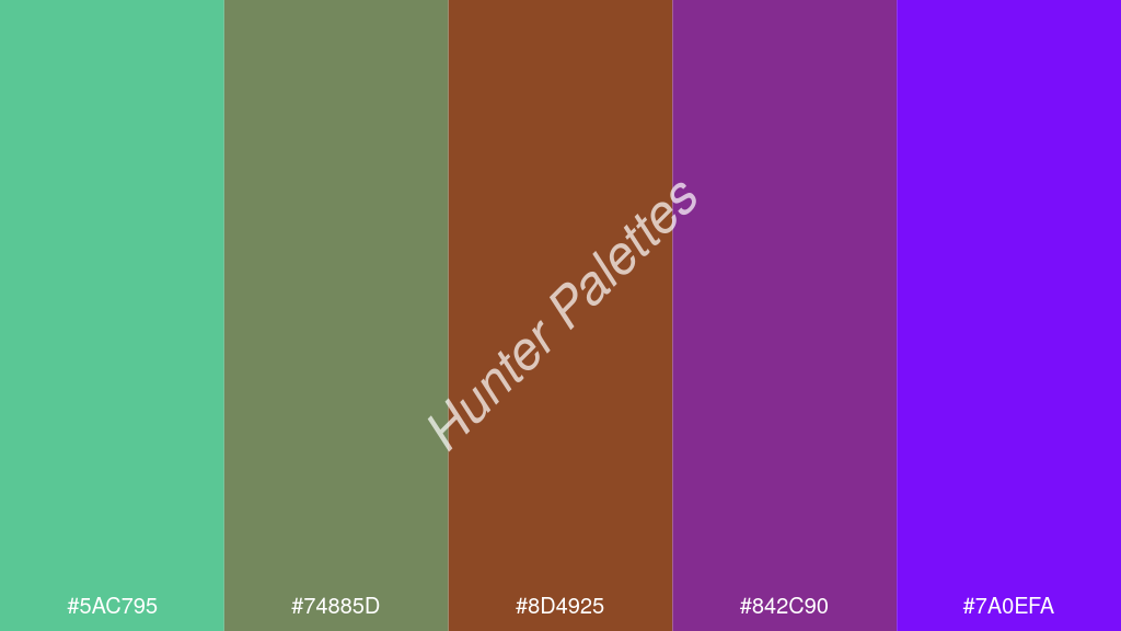 barna szín palettája a következőkkel: #5ac795 #74885d #8d4925 #842c90 #7a0efa