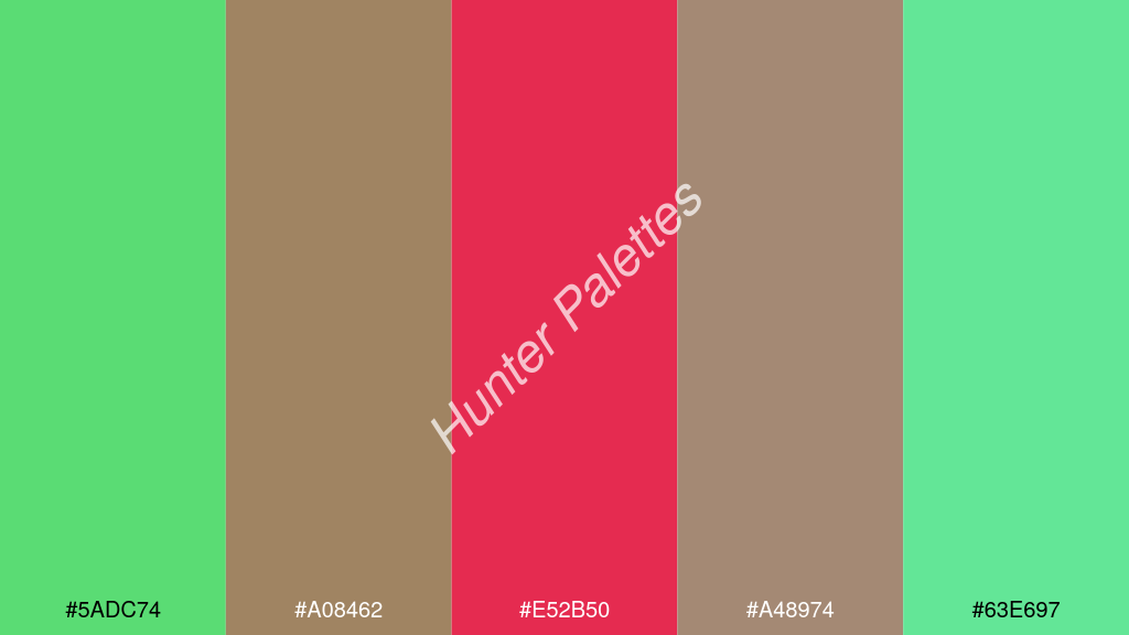 amarant szín palettája a következőkkel: #5adc74 #a08462 #e52b50 #a48974 #63e697