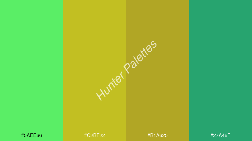 mustársárga szín palettája a következőkkel: #5aee66 #c2bf22 #b1a625 #27a46f