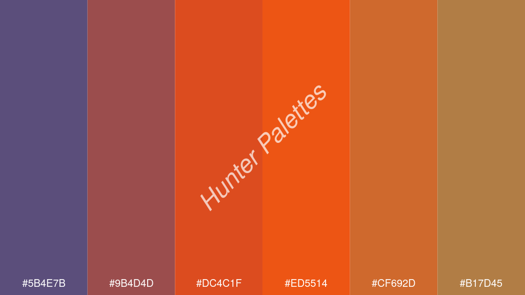 fluoreszkáló narancs szín palettája a következőkkel: #5b4e7b #9b4d4d #dc4c1f #ed5514 #cf692d #b17d45